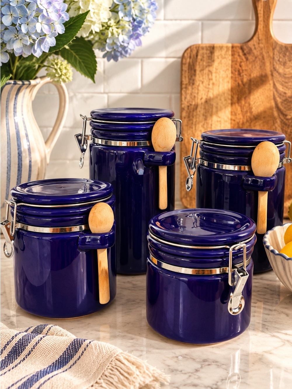 Vintage Winsome Cobalt Blue Ceramic Canister Set of 4 Metal Clamp Spoon